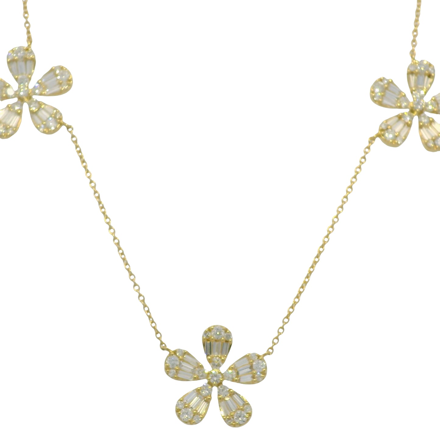 18K Yellow Gold Natural Baguette & Round Brilliant Diamond Large 5 Flower Necklace