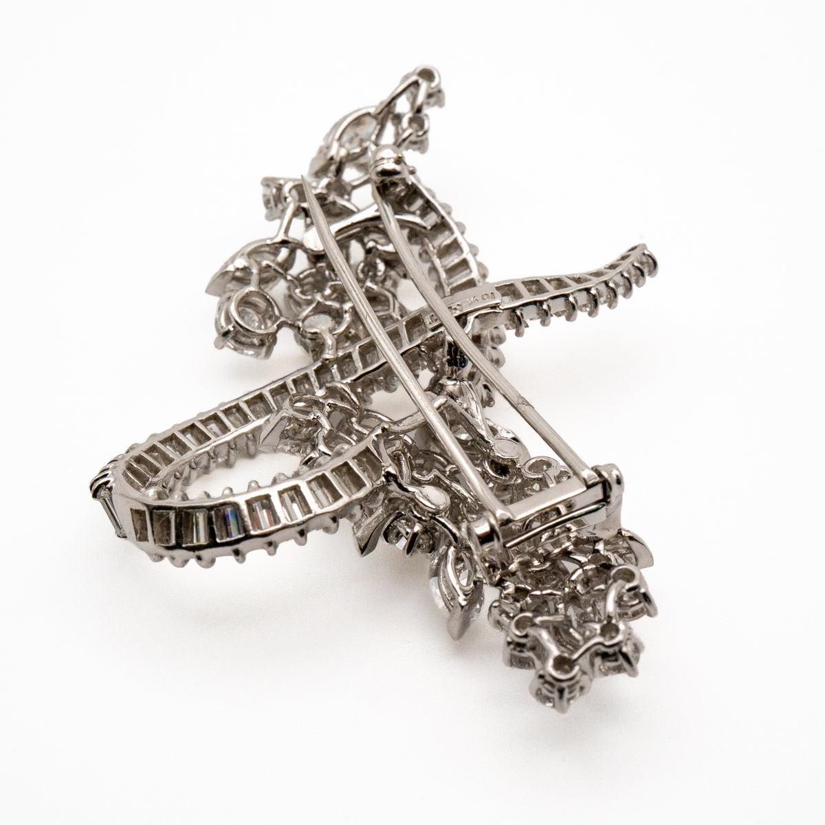 Platinum Natural 10.0 Carat Marquise, Round & Baguette Cut Diamond Brooch