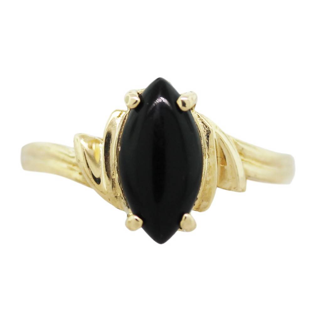 K Yellow Gold Black Onyx Marquise Cut Cabochon Ring