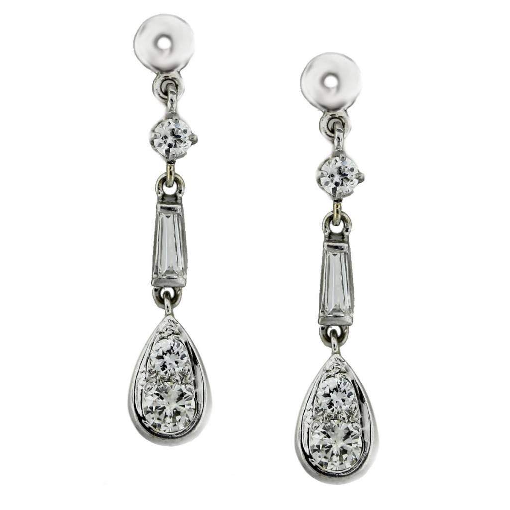 14kt White Gold Round & Baguette Diamond Dangle Jacket Earrings