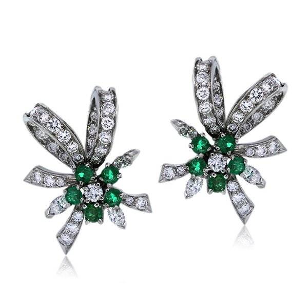 Emerald and diamond bow earrings