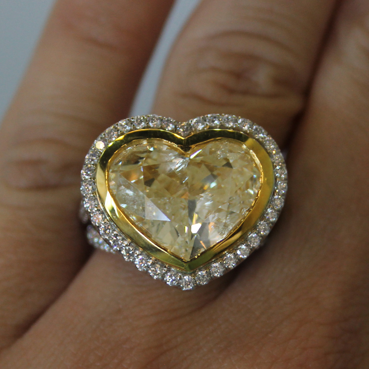 18k Two Tone Gold 8.32ct Heart Shaped Fancy Yellow Diamond Engagement Ring