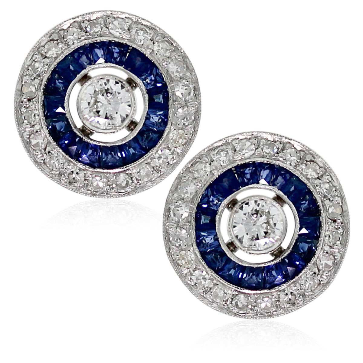 18k White Gold Art Deco Diamond & Sapphire Halo Stud Earrings