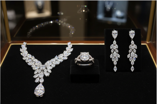 Luxury diamond necklace, engagement ring, and drop earrings displayed in a jewelry showcase.