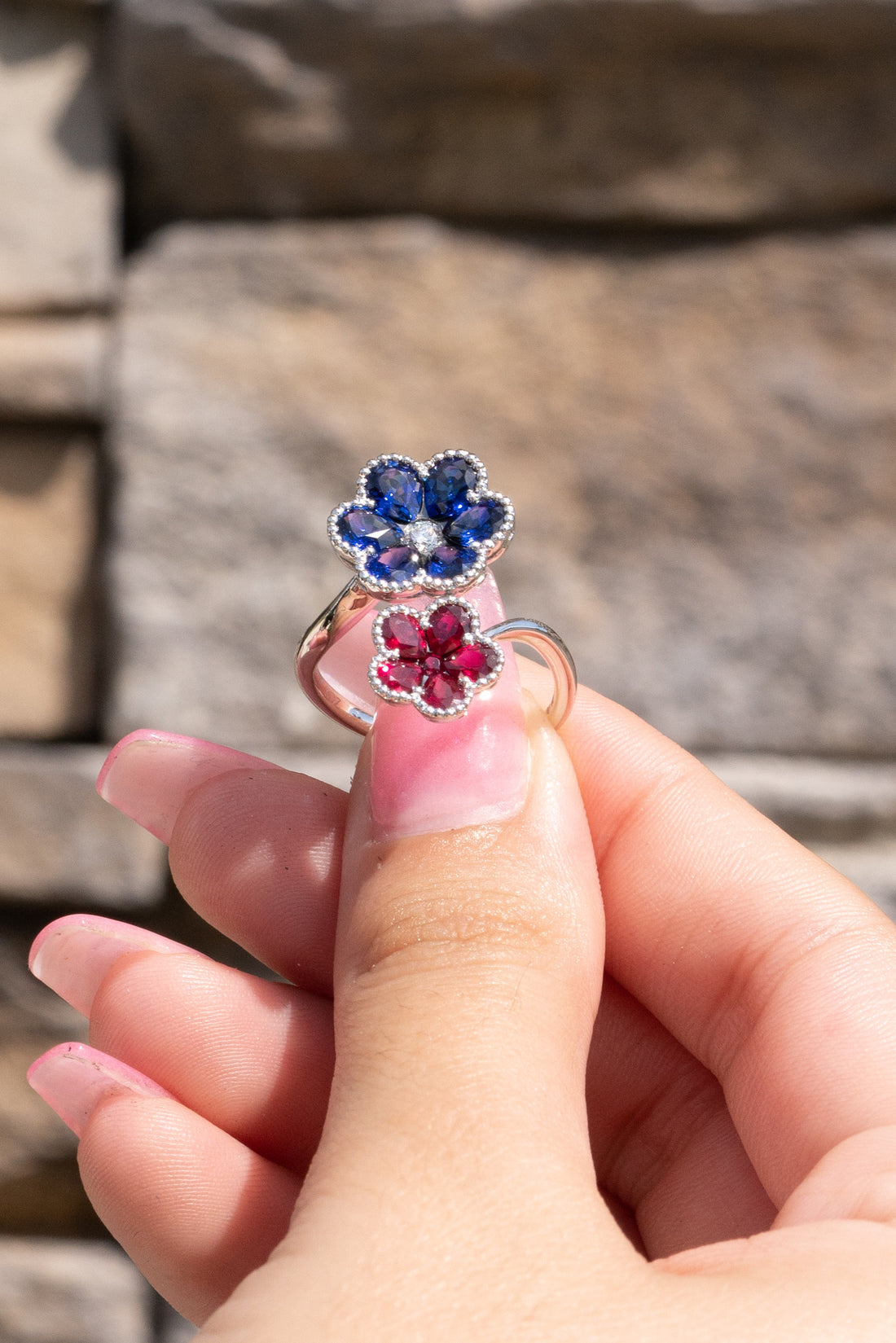 Sapphire and Ruby Flower Ring