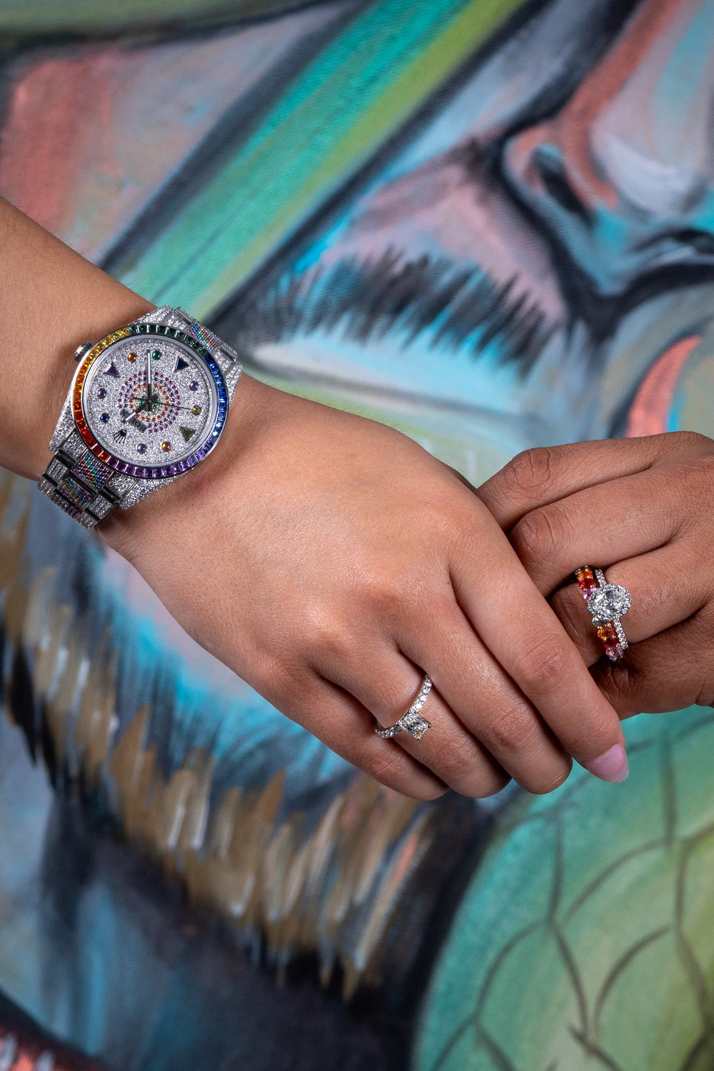 Diamond ring and watch styled together