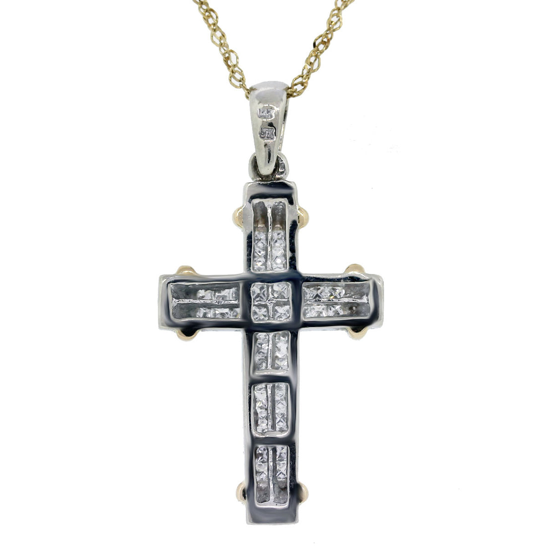 14k Two Tone Princess Cut Diamond Cross Pendant w/ Chain Back