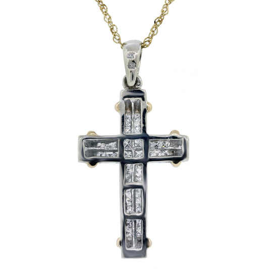 14k Two Tone Princess Cut Diamond Cross Pendant w/ Chain Back