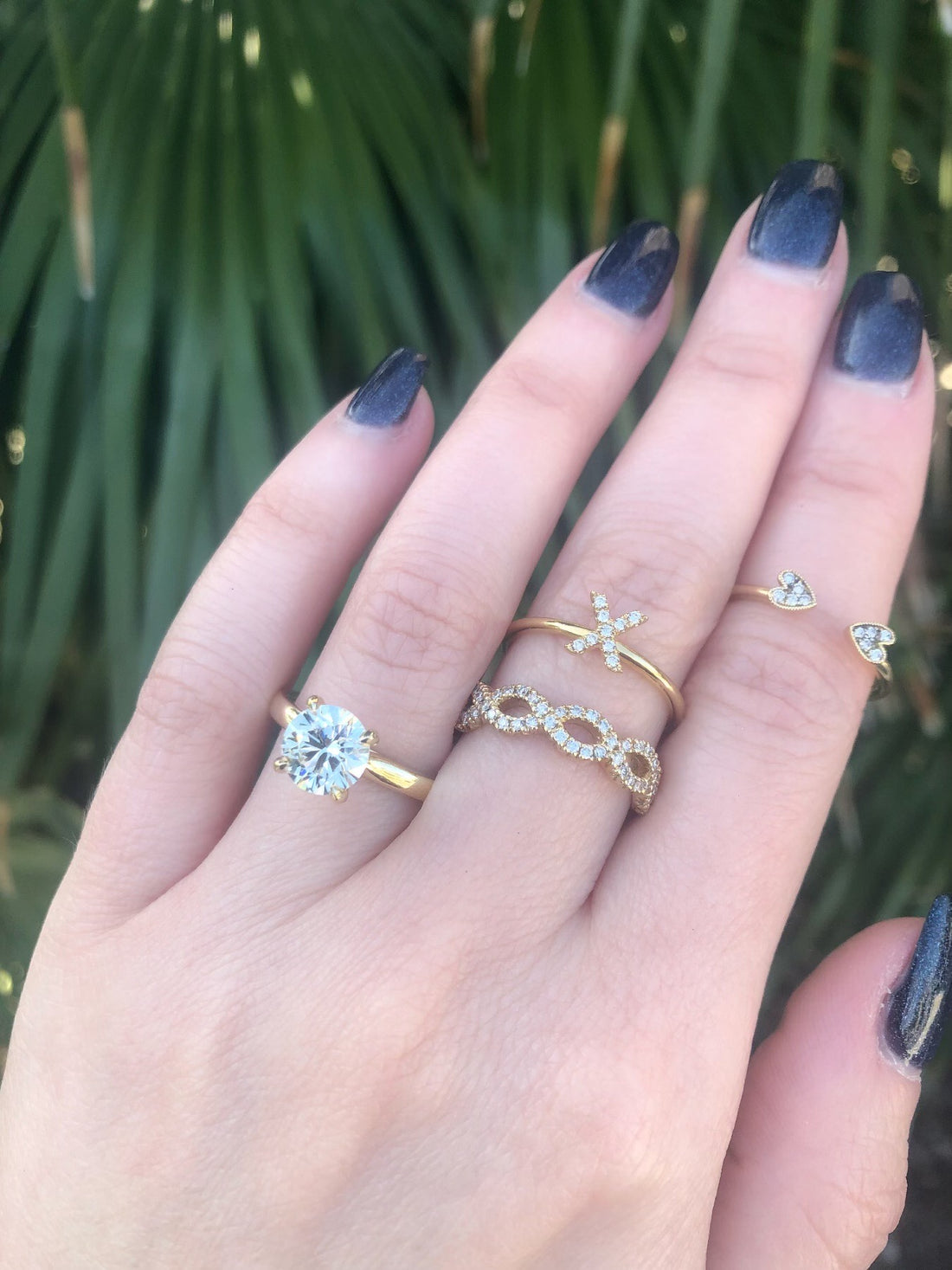 yellow gold ring stack full hand