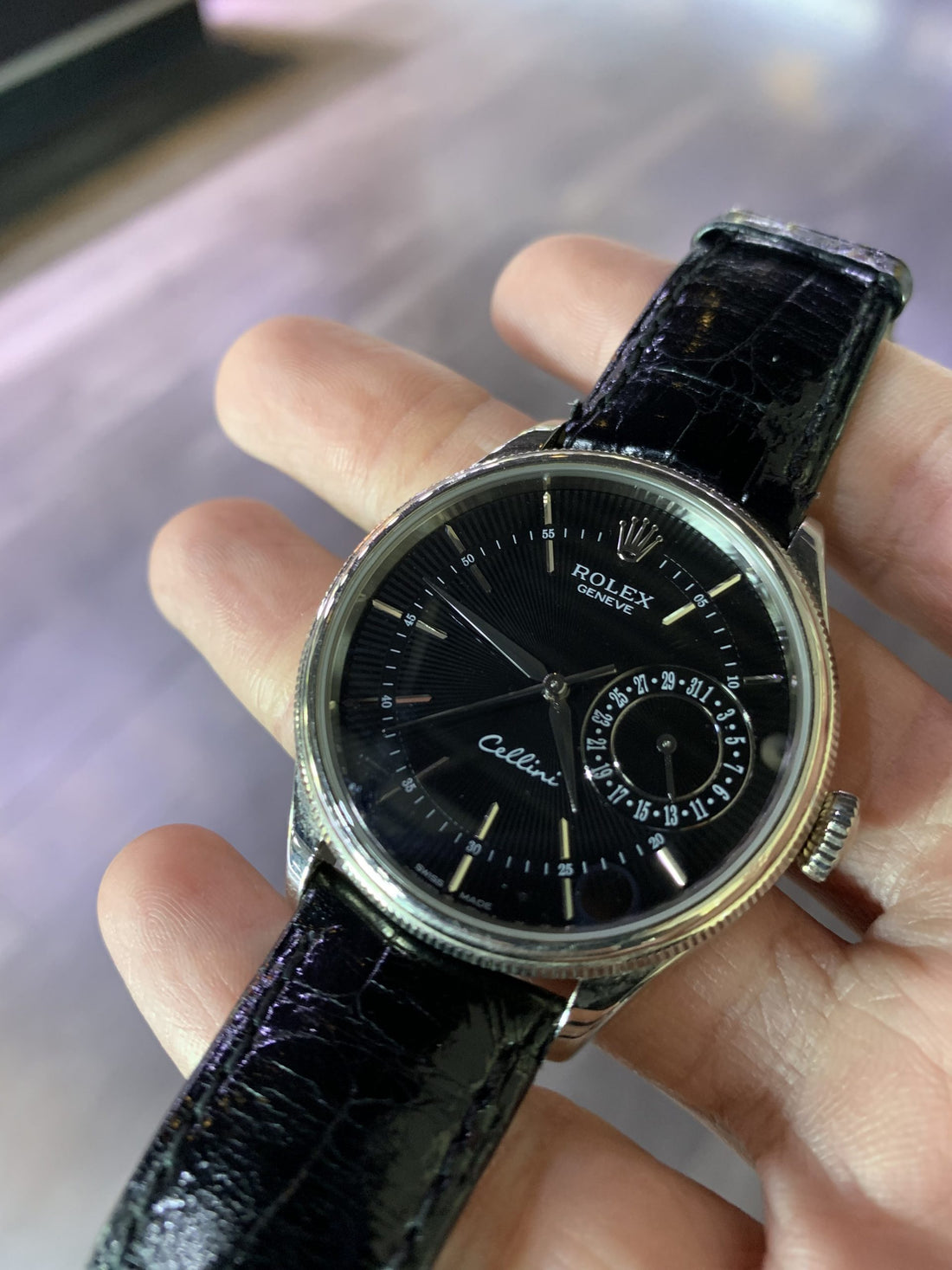 rolex cellini black dial white gold
