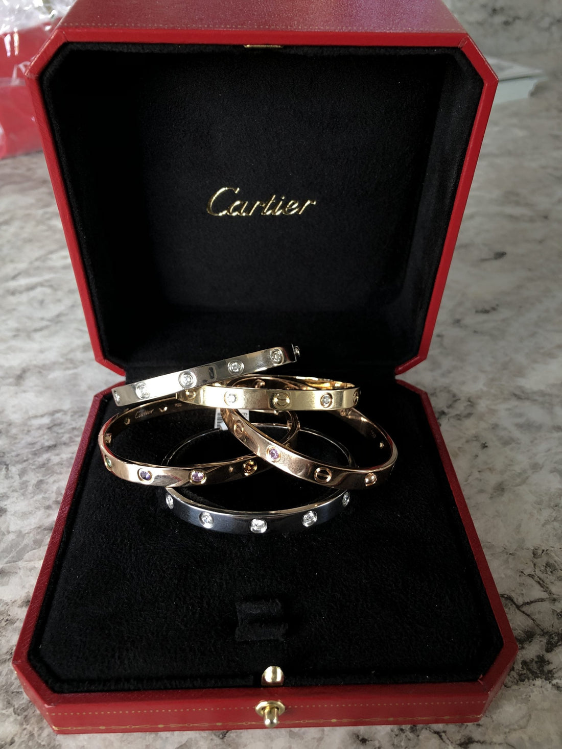cartier love bracelet stack in cartier box