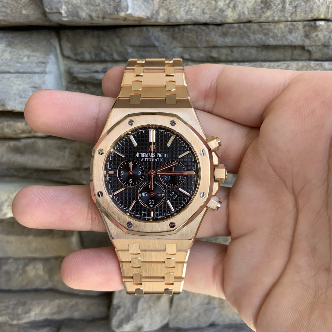 audemars royal oak chronograph rose gold black dial