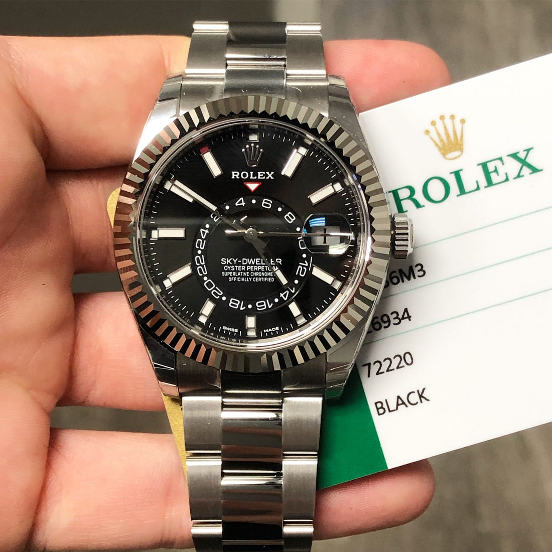 sky dweller rolex oystersteel black dial with certificate