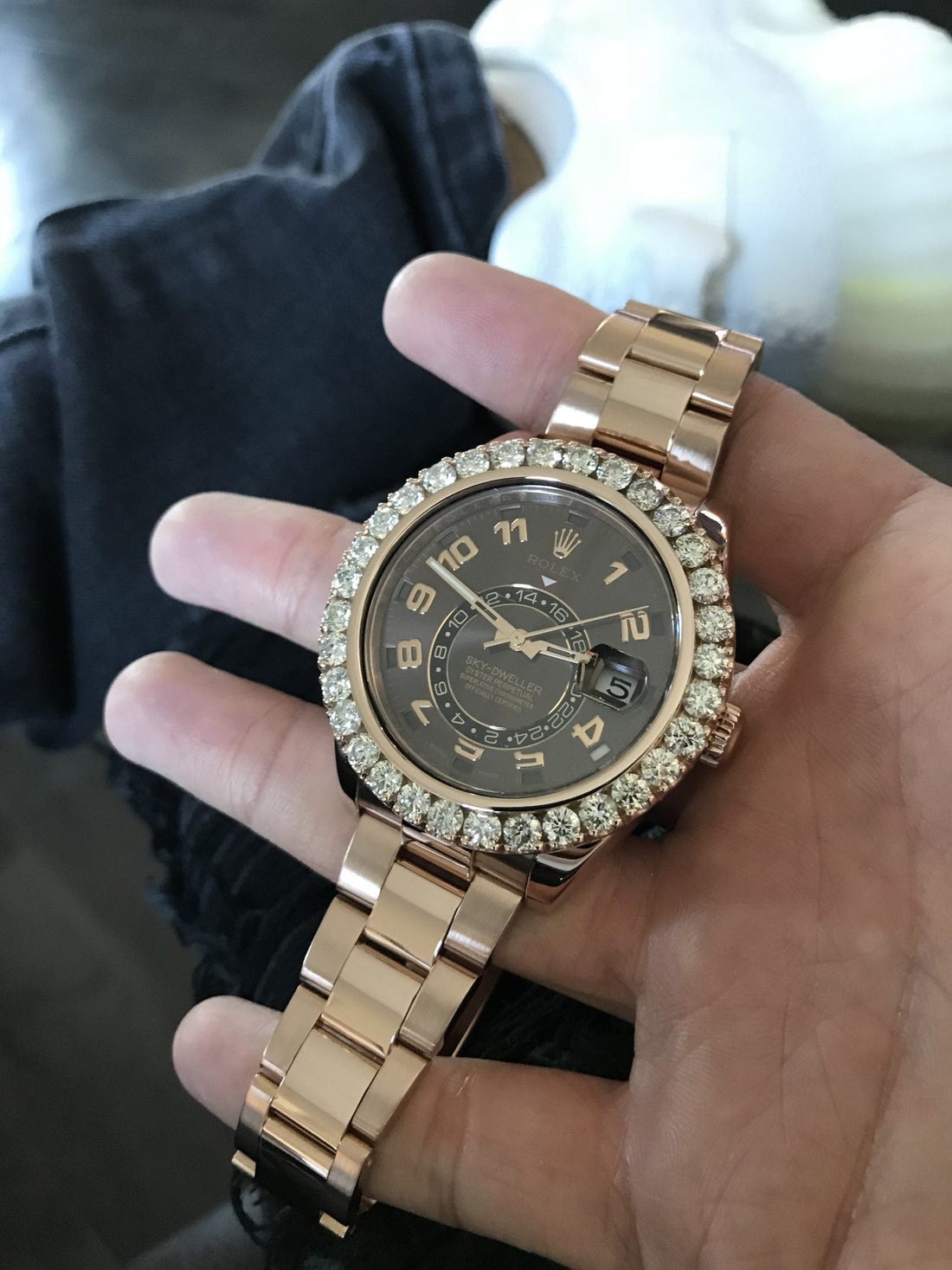 Rose gold skydweller with aftermarket diamond bezel model 326935