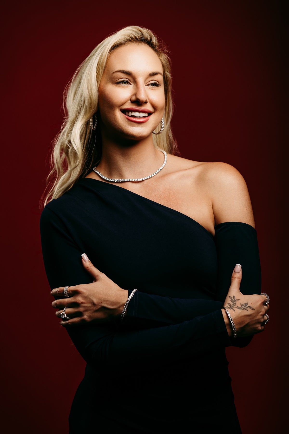 Diamond necklace and bracelets worn with an evening dress