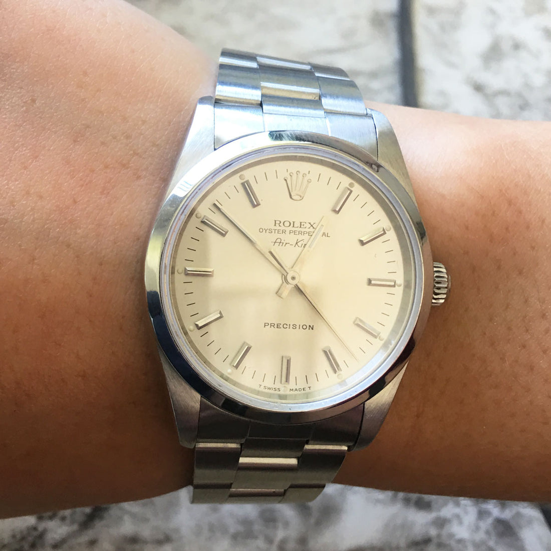 Rolex 14000 Airking Silver Stick Dial Stainless Steel Watch