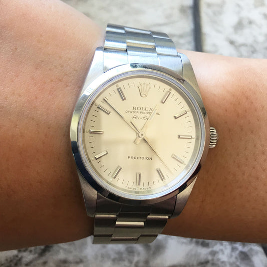 Rolex 14000 Airking Silver Stick Dial Stainless Steel Watch