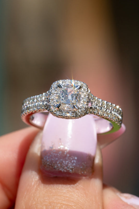 Square-Cut Diamond Halo Ring with Double Eternity Band