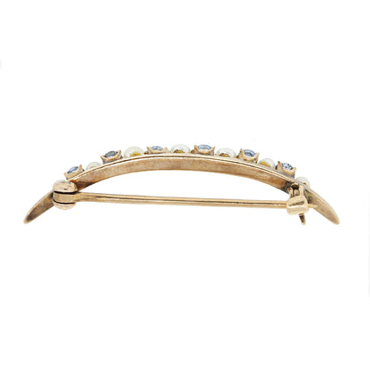 10k Yellow Gold Pearl and Sapphire Crescent Pin
