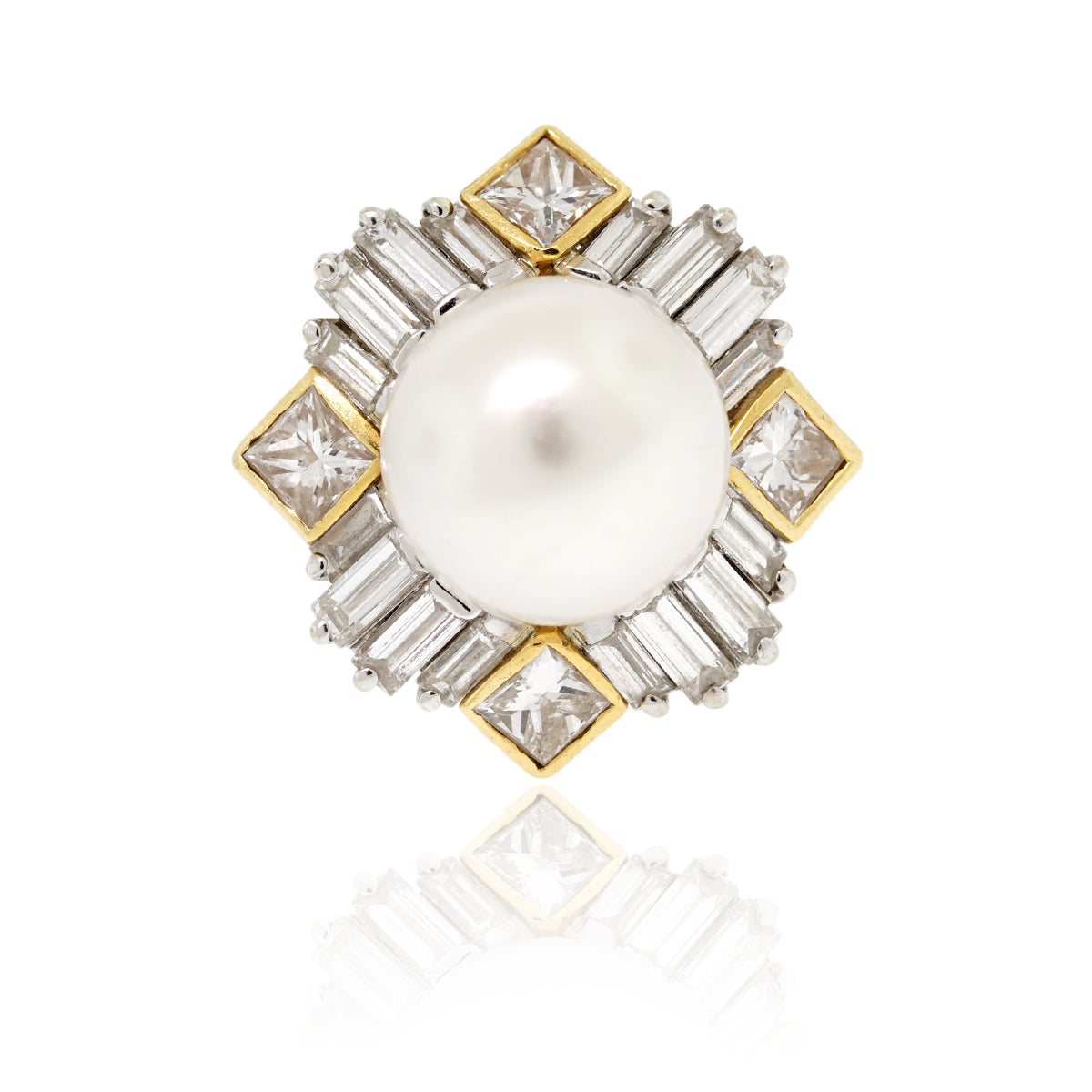 18k Two Tone 2.20ctw Diamond and Pearl Ring