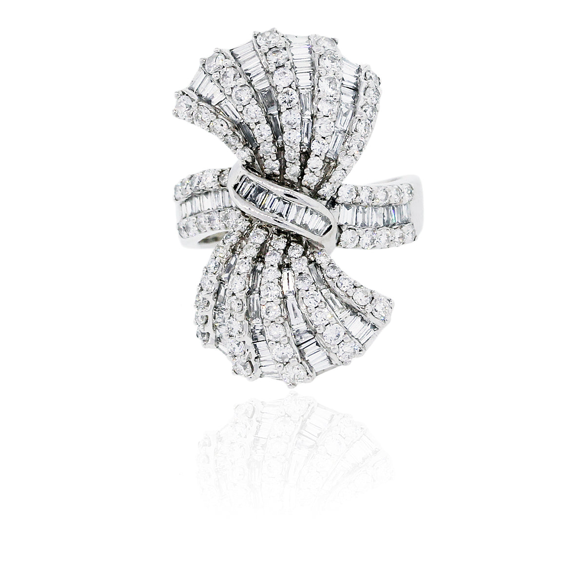 14K White Gold Baguette & Round Diamond Bow Ring