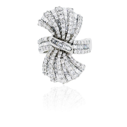 14K White Gold Baguette & Round Diamond Bow Ring