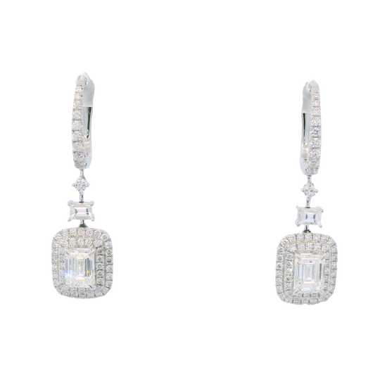 14k White Gold Natural Emerald Cut & Round Brilliant Diamond Drop Earrings
