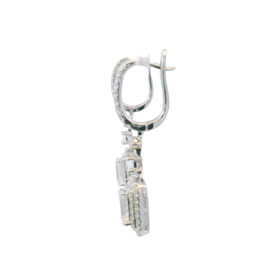 14k White Gold Natural Emerald Cut & Round Brilliant Diamond Drop Earrings
