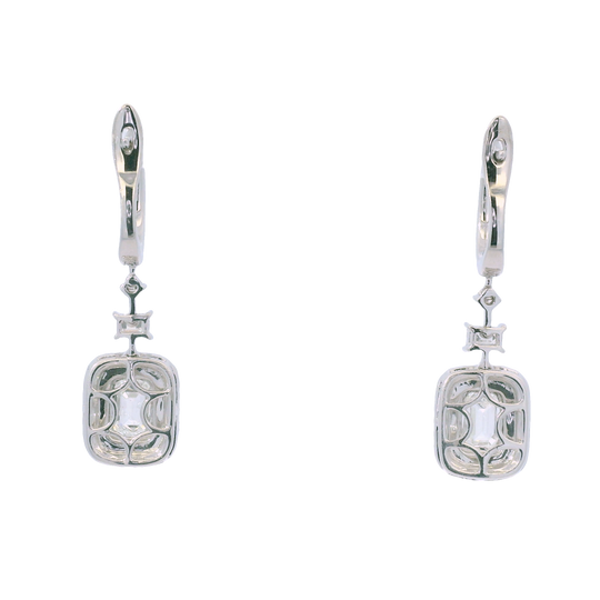 14k White Gold Natural Emerald Cut & Round Brilliant Diamond Drop Earrings
