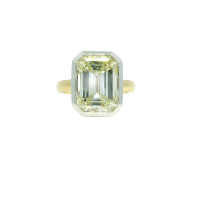 GIA 18k Two-Tone Gold Natural 8.73 Carat Emerald Cut Diamond Bezel Set Engagement Ring