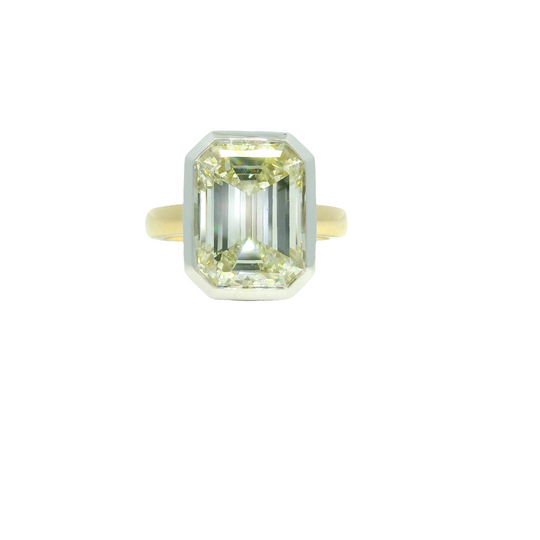 GIA 18k Two-Tone Gold Natural 8.73 Carat Emerald Cut Diamond Bezel Set Engagement Ring