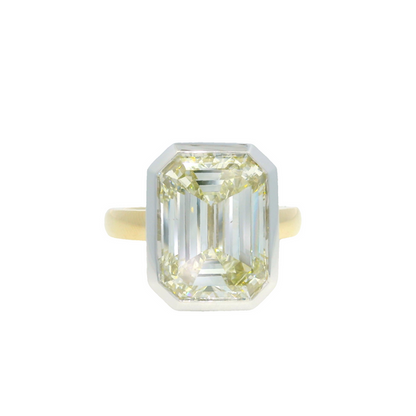 GIA 18k Two-Tone Gold Natural 8.73 Carat Emerald Cut Diamond Bezel Set Engagement Ring