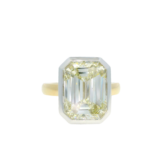GIA 18k Two-Tone Gold Natural 8.73 Carat Emerald Cut Diamond Bezel Set Engagement Ring