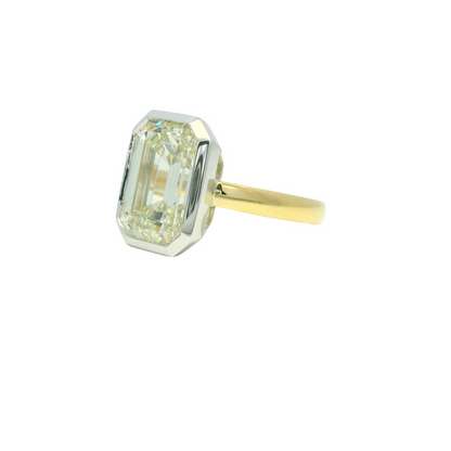 GIA 18k Two-Tone Gold Natural 8.73 Carat Emerald Cut Diamond Bezel Set Engagement Ring