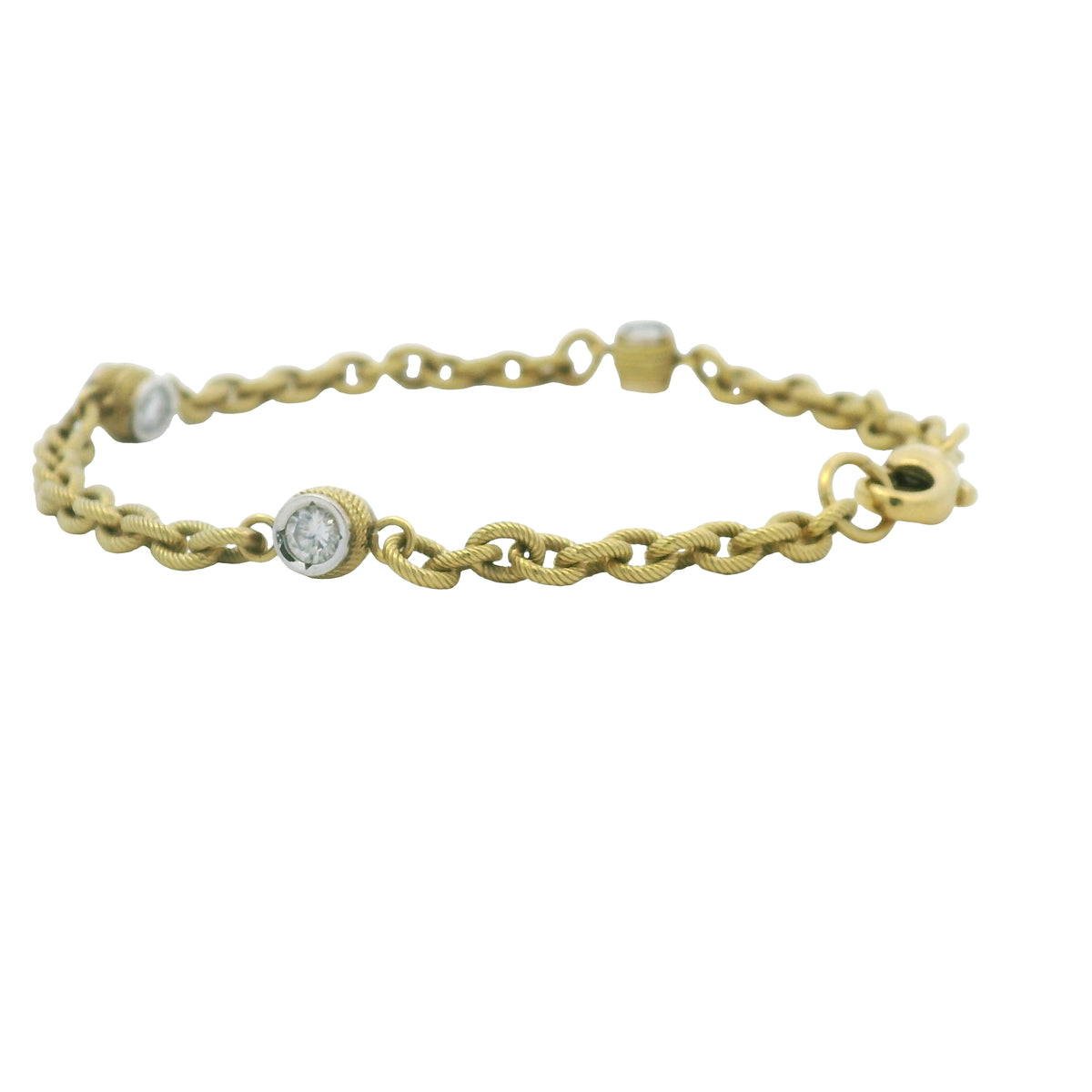 18K Yellow Gold Natural Bezel Set Diamond Station Ribbed Link Bracelet