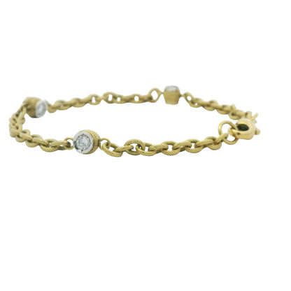18K Yellow Gold Natural Bezel Set Diamond Station Ribbed Link Bracelet