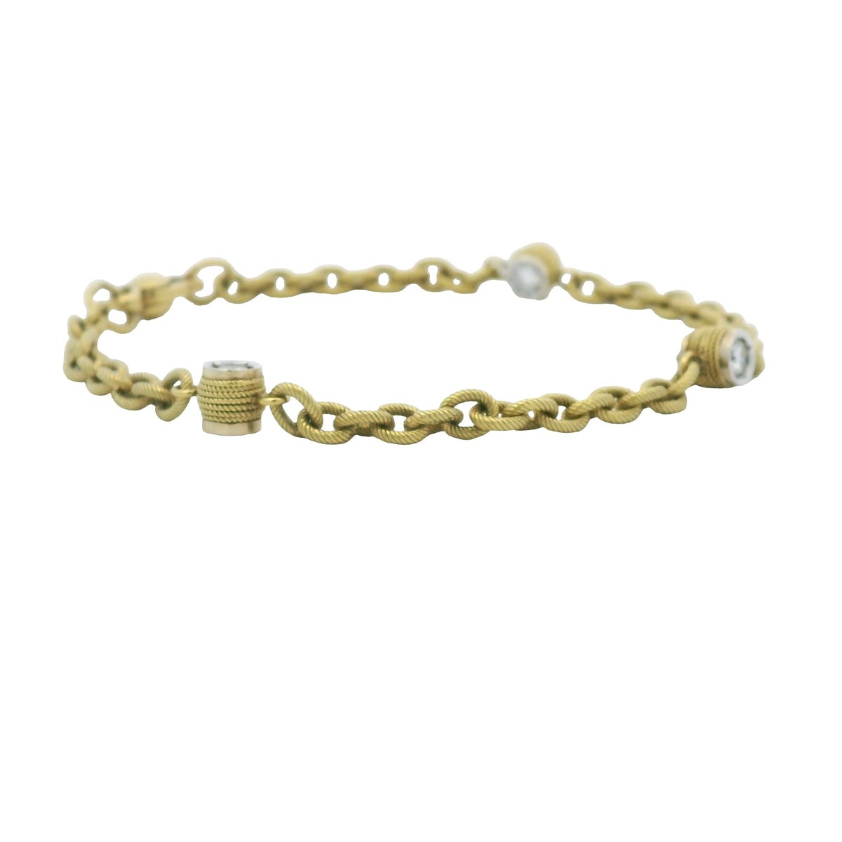 18K Yellow Gold Natural Bezel Set Diamond Station Ribbed Link Bracelet