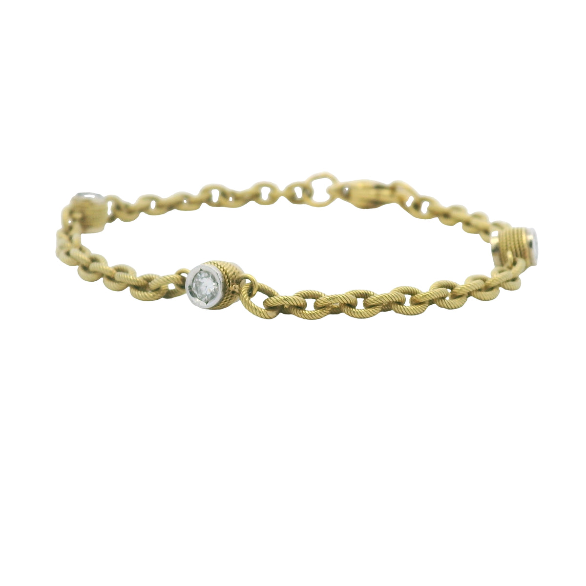 18K Yellow Gold Natural Bezel Set Diamond Station Ribbed Link Bracelet