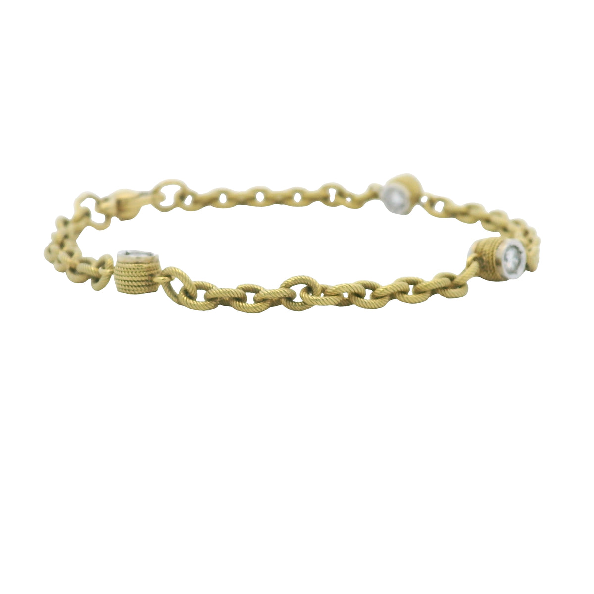 18K Yellow Gold Natural Bezel Set Diamond Station Ribbed Link Bracelet