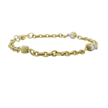 18K Yellow Gold Natural Bezel Set Diamond Station Ribbed Link Bracelet
