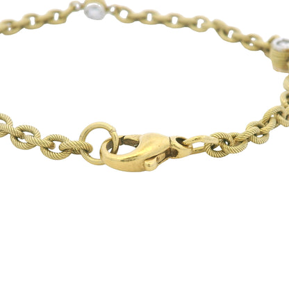 18K Yellow Gold Natural Bezel Set Diamond Station Ribbed Link Bracelet