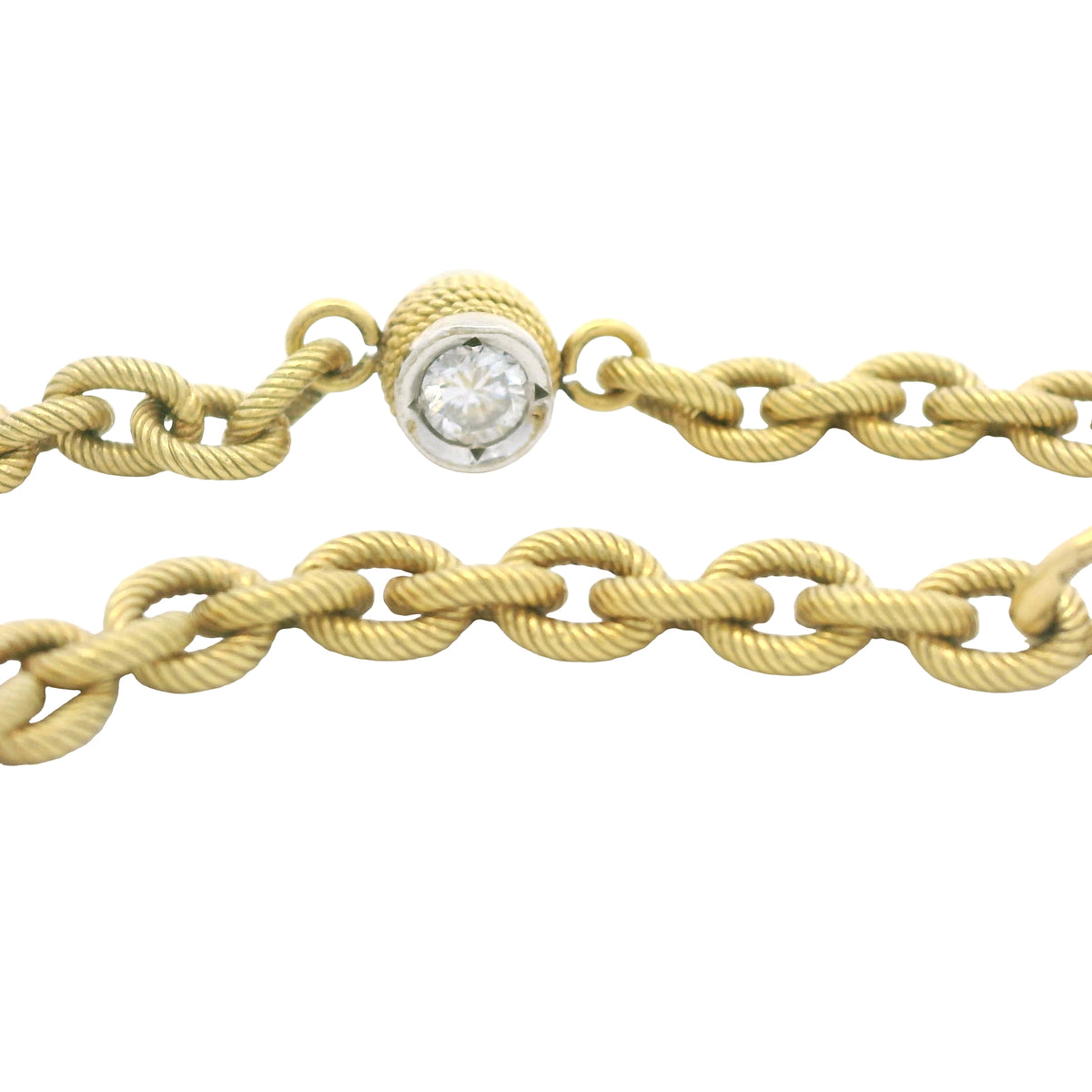 18K Yellow Gold Natural Bezel Set Diamond Station Ribbed Link Bracelet