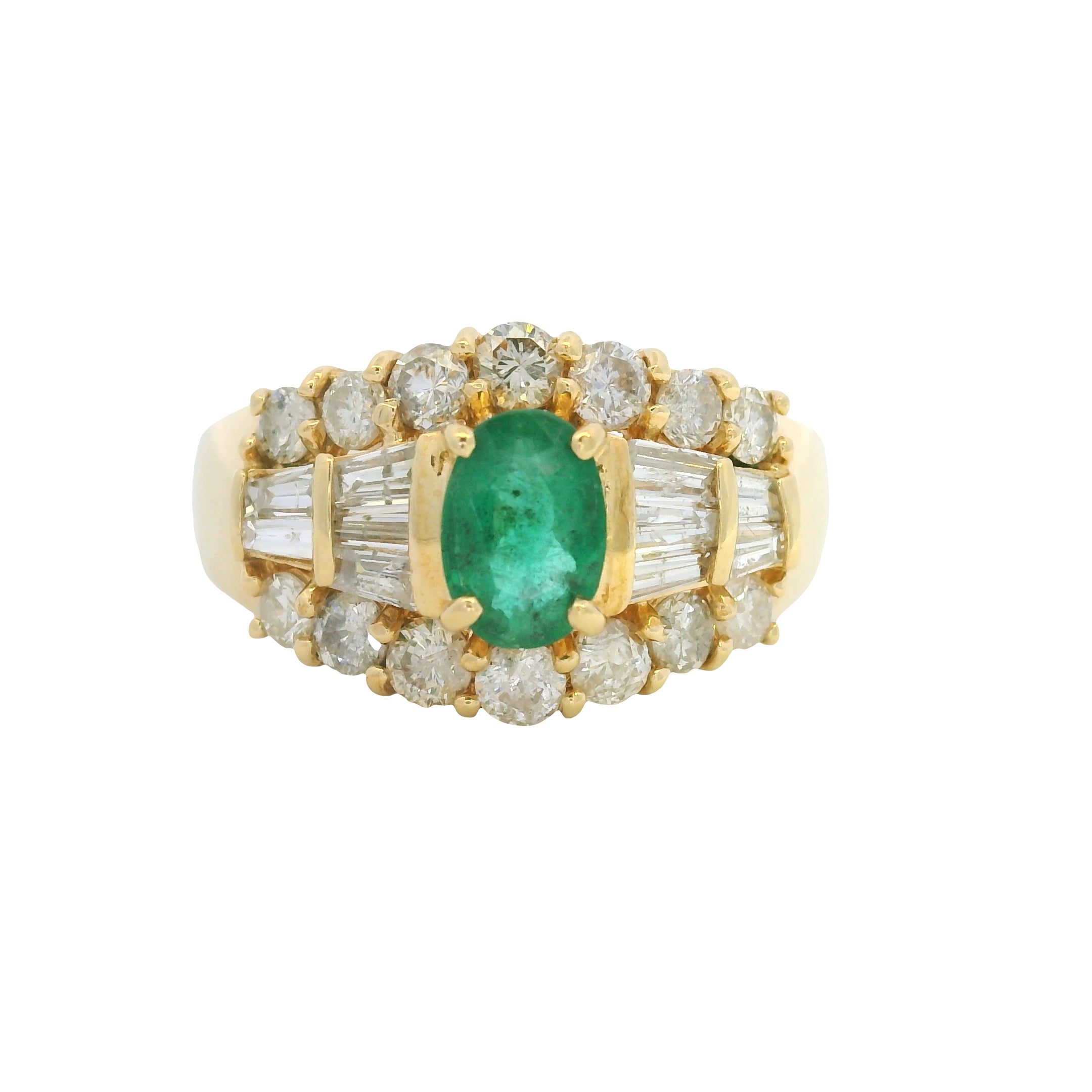 14K Yellow Gold Oval Shape Emerald Diamond Mosaic Fashion Ring