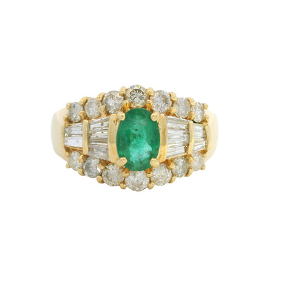14K Yellow Gold Oval Shape Emerald Diamond Mosaic Fashion Ring
