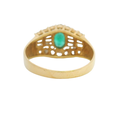 14K Yellow Gold Oval Shape Emerald Diamond Mosaic Fashion Ring