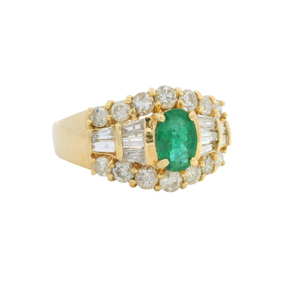 14K Yellow Gold Oval Shape Emerald Diamond Mosaic Fashion Ring