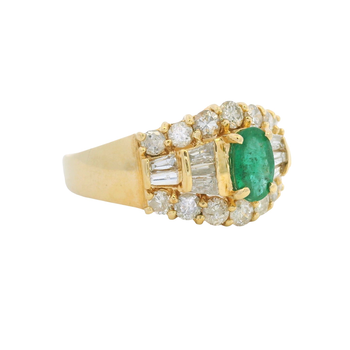 14K Yellow Gold Oval Shape Emerald Diamond Mosaic Fashion Ring