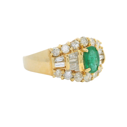 14K Yellow Gold Oval Shape Emerald Diamond Mosaic Fashion Ring