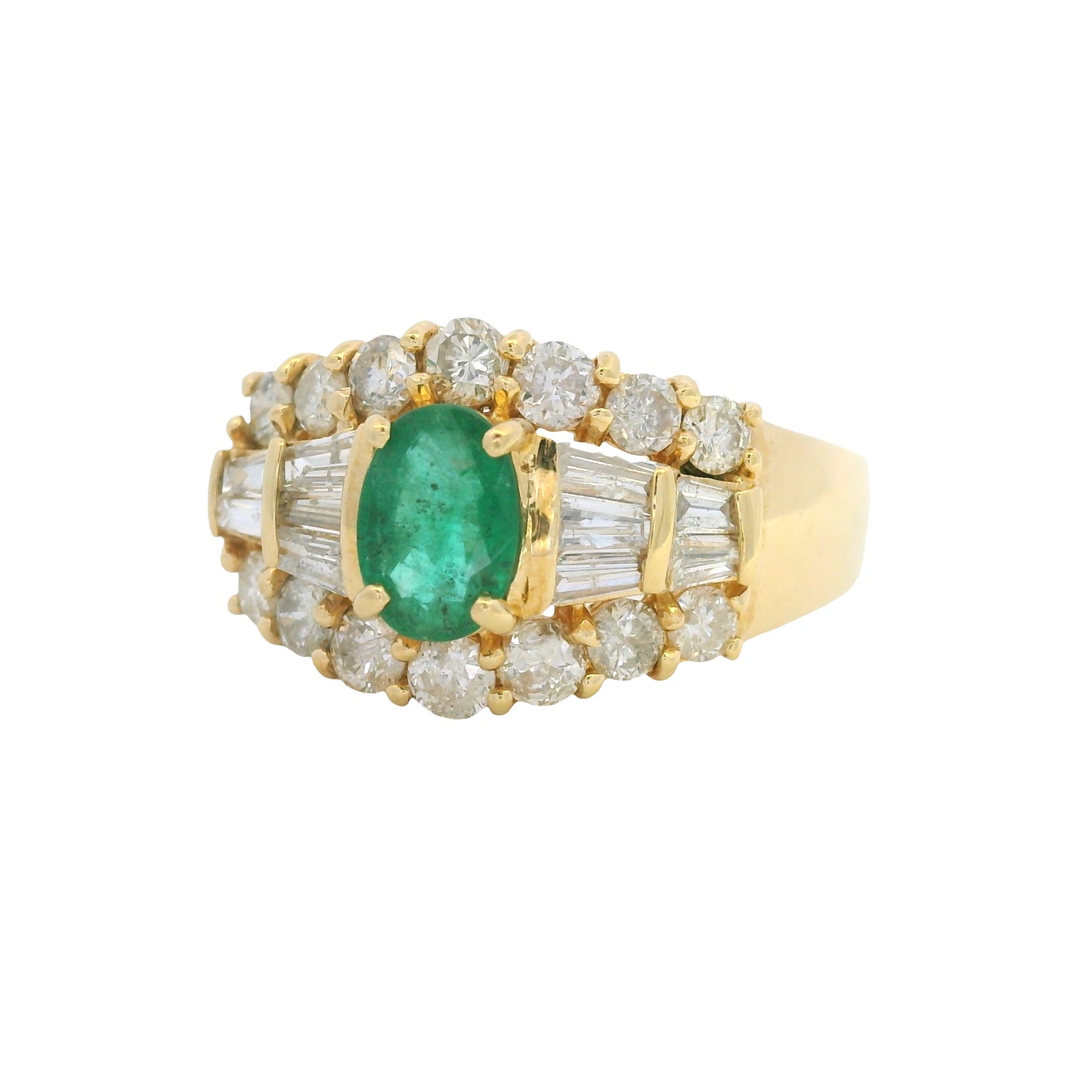 14K Yellow Gold Oval Shape Emerald Diamond Mosaic Fashion Ring