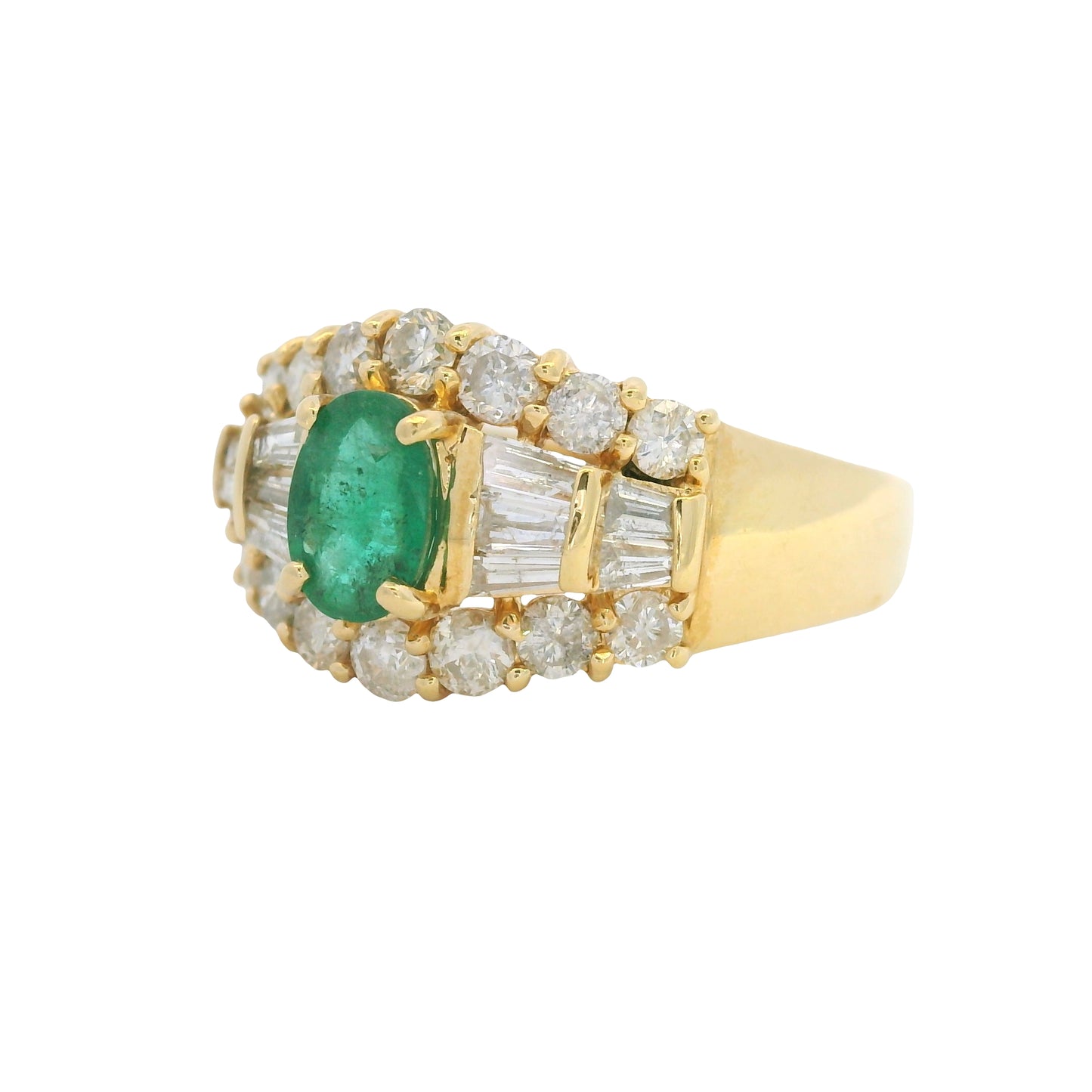 14K Yellow Gold Oval Shape Emerald Diamond Mosaic Fashion Ring